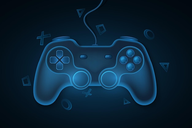 Game pad moderno con filo per videogiochi. joystick blu, 3d per console di gioco. sfondo di simboli geometrici dinamici. concetto di giochi per computer per il design del modello. illustrazione vettoriale