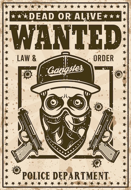 Modern gangster skull in snapback hat and bandana on face wanted poster in vintage style vector illustration. layered, separate grunge texture and text