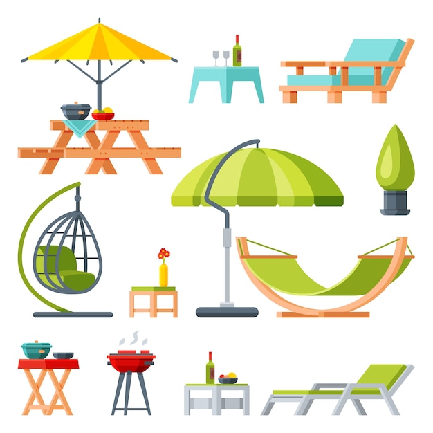 Vector modern garden furniture collection table sunshade umbrella hammock comfortable lounger barbecue grill flat vector illustration