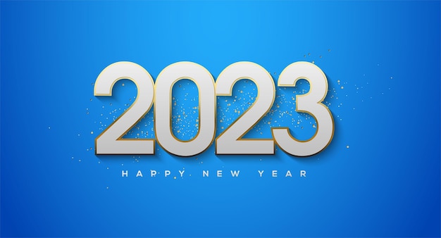 Modern gelukkig nieuwjaar 2023 met witte cijfers verpakt in goud