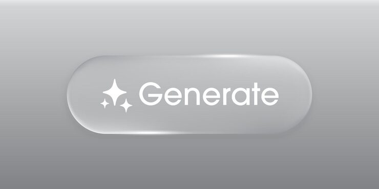 Vector 현대적인 생성형 ai 버튼. 생성 심볼이 있는 액체 유리 버튼. 인공 지능 사용자 인터페이스 요소, ui/ux 디자인용 투명 프레임 및 버튼 벡터 일러스트레이션