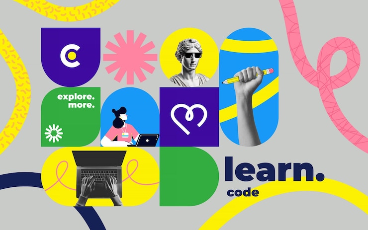 Vector modern geometric collage illustration of learn code