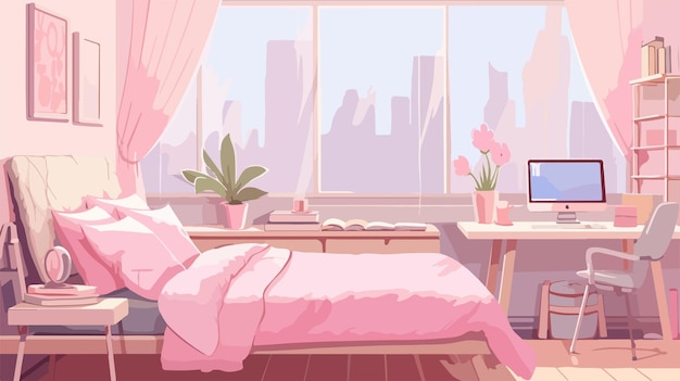 modern girl bedroom interior with bed table and computer