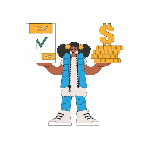 Vector a modern girl holds a tax form and coins in her hands the topic of paying taxes