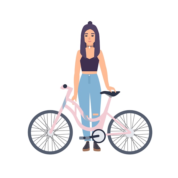 Ragazza moderna che sta con la bicicletta. cartoon illustrazione piatto colorato.