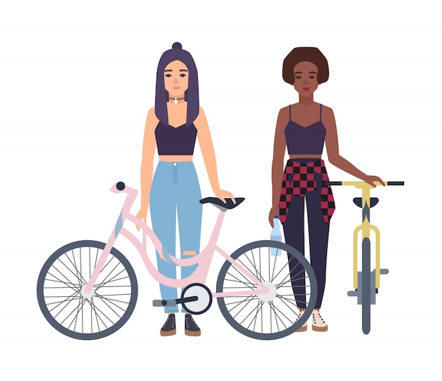 Ragazze moderne in piedi con le biciclette. cartoon illustrazione colorata.