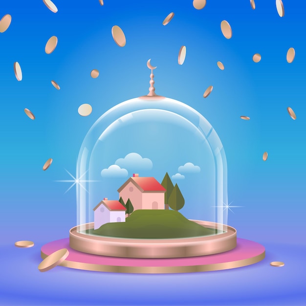Современный стеклянный купол или подставка для подиума с иллюстрацией концепции купольного стекла