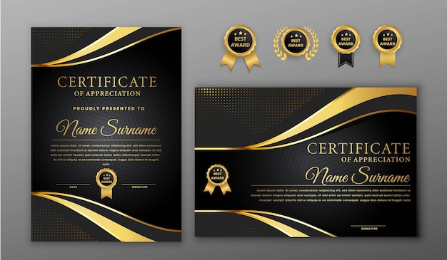 Vettore certificato elegante moderno in oro e nero con badge del modello di realizzazione