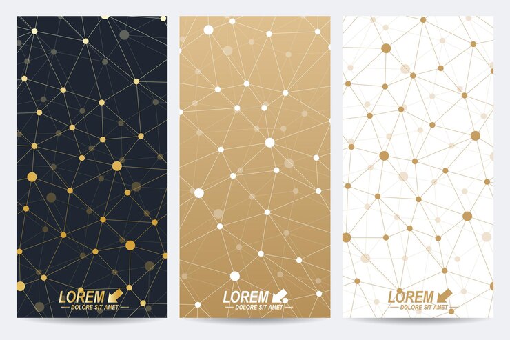 Vector modern golden set of vector flyers. modern stylish polygonal pattern with connected line and dots. molecule and communication background for medicine, science, technology, chemistry.