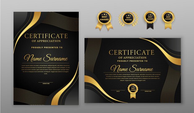 Vettore certificato di conseguimento moderno lusso sfumato nero e oro con badge e bordo in formato a4 te