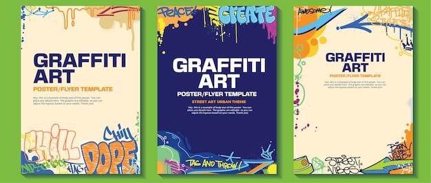 Poster moderno di arte dei graffiti o design di volantini con etichette colorate, vomitare. disegni di graffiti disegnati a mano