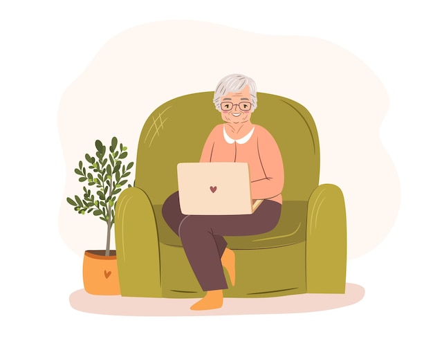 노트북과 현대 할머니입니다. 컴퓨터와 안락의 자에 앉아 늙은 여자. 행복 한 할머니 벡터 일러스트 레이 션
