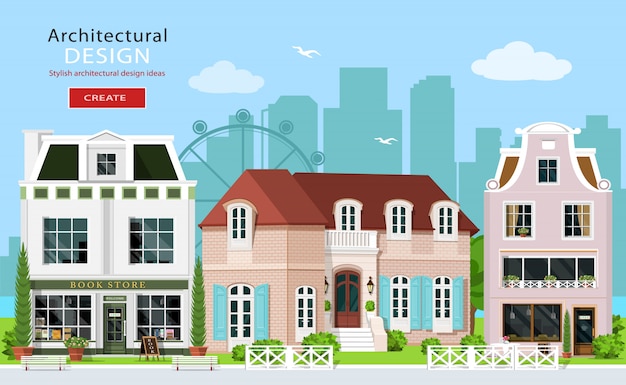 Modern graphic architectural design. Cute european buildings: private houses, cafe and stores. House facades. Flat style illustration.