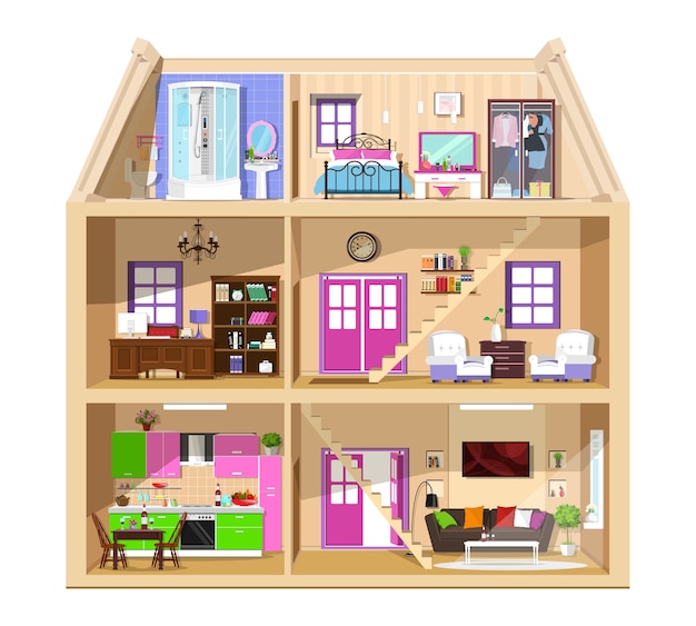 Modern graphic cute house in cut. detailed colorful  house interior. stylish rooms with furniture. house inside .