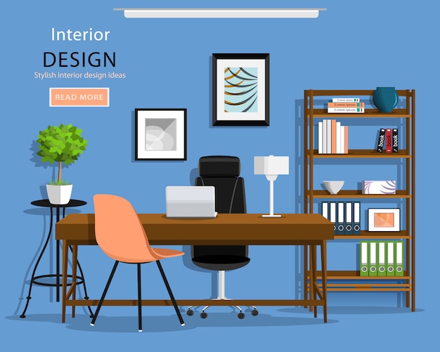 Modern graphic office room interior: desk, chairs, bookcase, laptop, lamp. Flat style illustration.