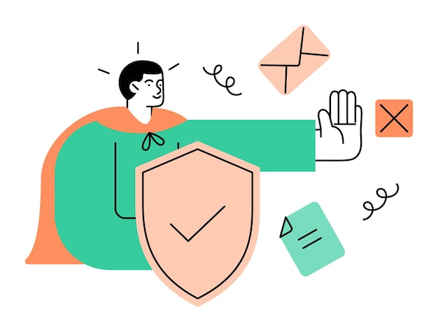 Vector modern graphic of a person with a shield symbolizing data protection