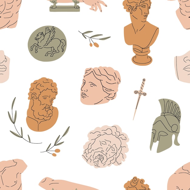 Vector modern greek pattern with ancient sculptures, statues. endless background design with greece gods, goddesses repeating print. trendy abstract antique texture. colored flat vector illustration.