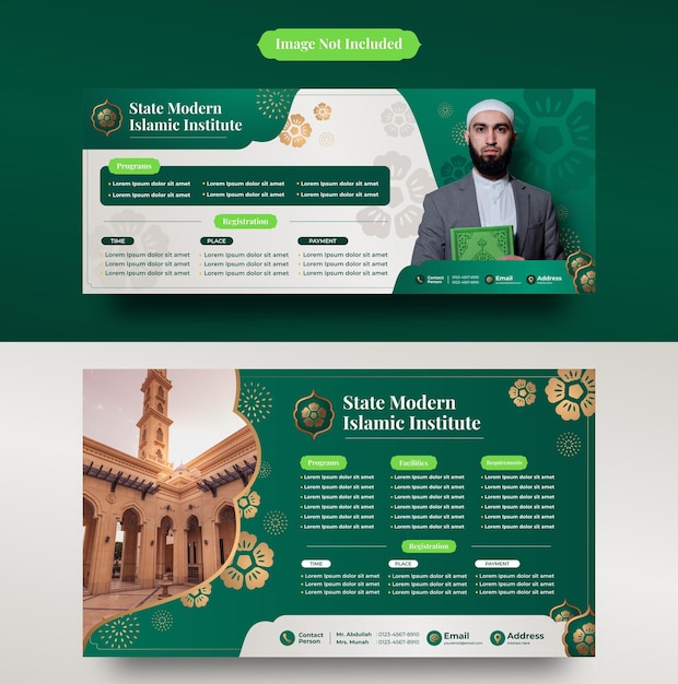 Vettore design moderno del modello di banner verde con stile islamico per l'istituto islamico e il business islamico