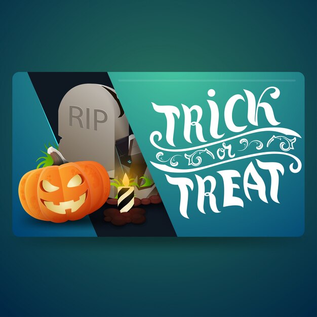 Vector modern green banner with tombstone and pumpkin jack