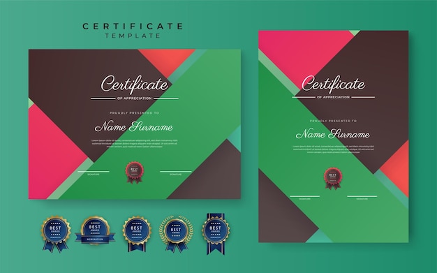 Modello di confine moderno verde marrone rosso certificato di conseguimento con badge di lusso e motivo a linee moderne per esigenze aziendali e educative