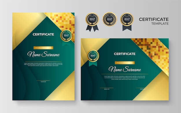 Modello di certificato verde moderno e bordo per diploma e stampa elegante modello di certificato di conseguimento blu e oro con badge e bordo in oro