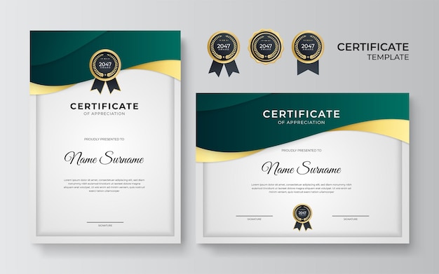 Modern green certificate template and border for award diploma and printing Green and gold elegant certificate of achievement template with gold badge and border