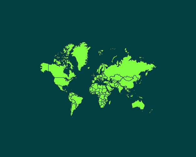 Modern Green Color High Detailed Border Map Of World Isolated on Dark Background Vector