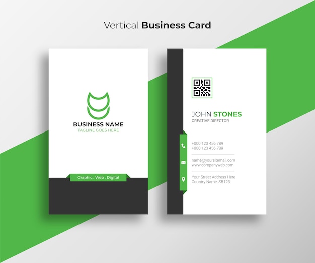 Modern green vertical business card template and abstract shapes