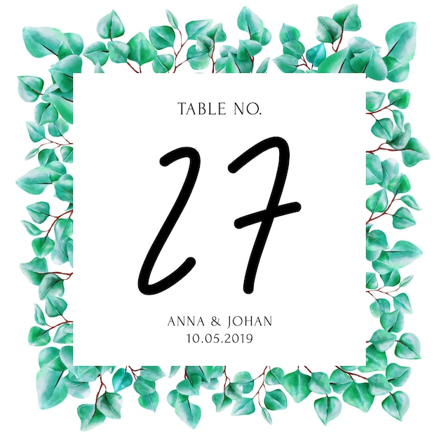 現代の緑のユーカリの葉のテーブル番号カード。