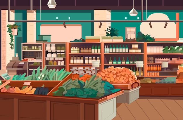 벡터 야채 과일과 유제품 음료 냉장고가 있는 식품 선반 선반이 있는 현대적인 식료품점 인테리어 슈퍼마켓