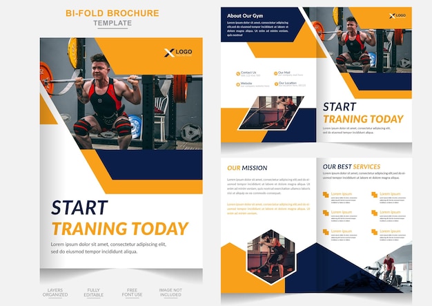 Modern Gym Bifold-brochureontwerp met abstracte vormen in meerdere kleuren en fitnessbedrijfsprofiel