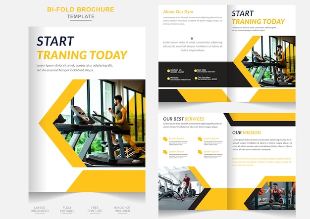 Modern Gym Bifold-brochureontwerp met abstracte vormen in meerdere kleuren en fitnessbedrijfsprofiel