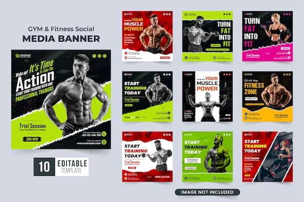 Modern gym business and training session social media post design collection with dark backgrounds Gym business advertisement template set vector for digital marketing Gym workout template set