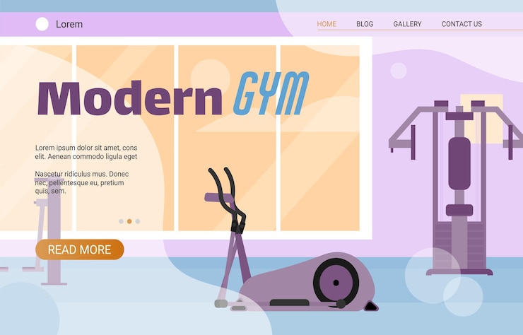Vector modern gym web template with sport trainers, cartoon.