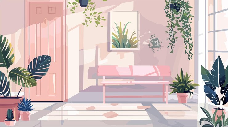Vector ピンクのベンチと室内植物の近代的な廊下
