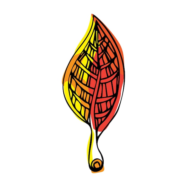 Modern hand-drawn autumn leaf. Trendy doodle style. Colorful fall decoration.