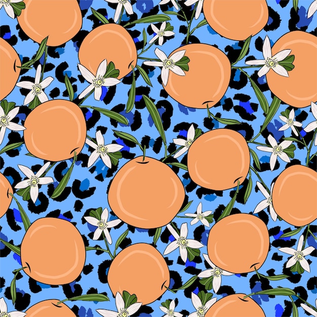Современные рисованной апельсин и цветы и ягуар животных печати моды фоновый узор бесшовные