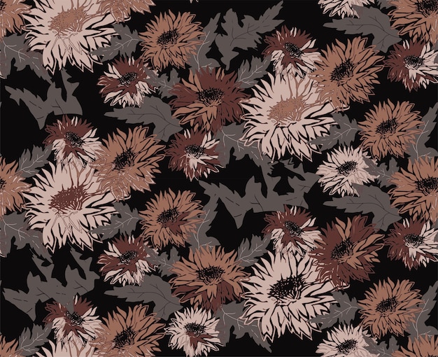 Modern hand drawn seamless pattern of flowers chrysanthemum in earth tones with blossom