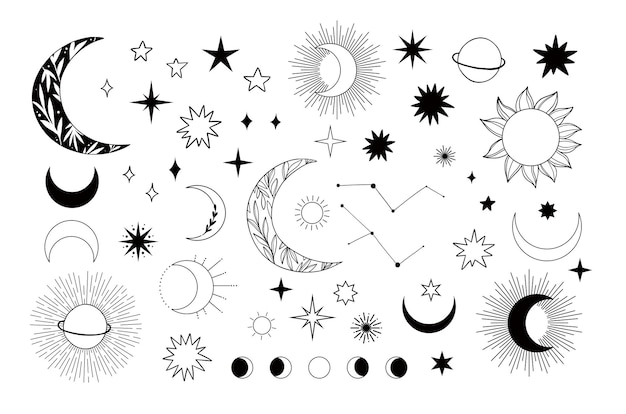 Современная ручная векторная иллюстрация планеты, звезды, солнца, кометы, рисунки линий Вселенной