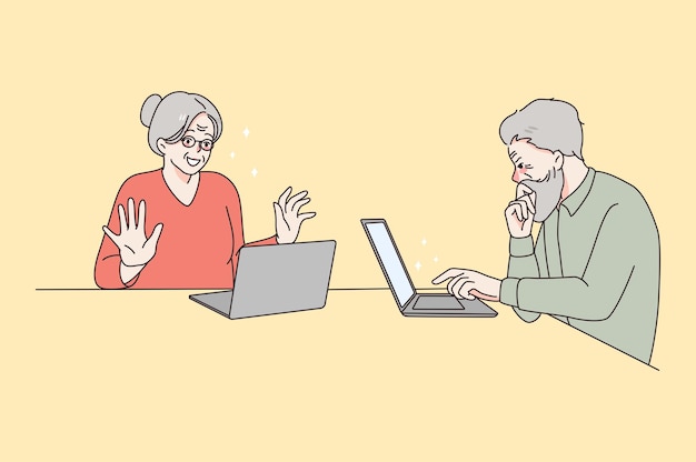 연금 수급자의 현대적인 행복한 생활 방식은 노트북 근처에 앉아 인터넷 벡터 삽화를 사용하여 웃고 있는 쾌활한 노인 부부
