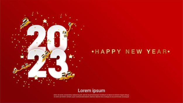 Modern happy new 2023 year with ribbon on red background.