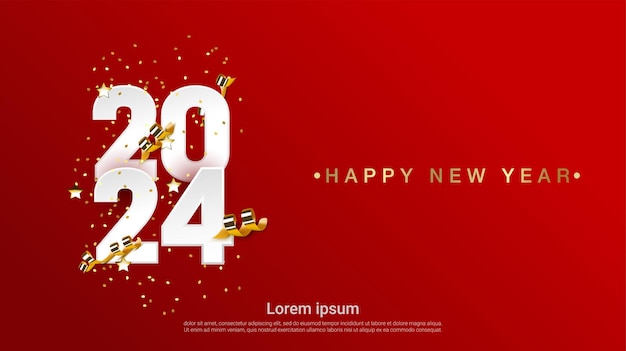 Vector modern happy new 2024 year with ribbon on red background