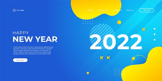 Modern happy new year 2022 and Merry Christmas landing page web background template with blue and yellow abstract geometric shapes. Vector abstract graphic design banner pattern background template.