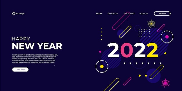 Modern happy new year 2022 and Merry Christmas landing page web background template with colorful geometric Memphis style.