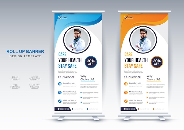 Modern health care roll up banner design editable template