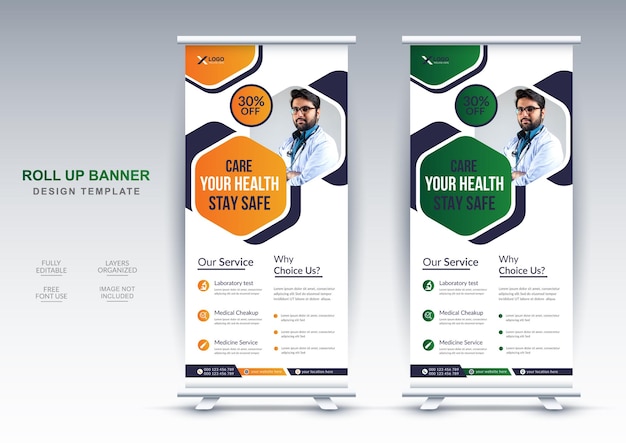 Modern health care roll up banner design editable template