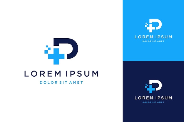 Logo o monogramma di design sanitario moderno o lettera iniziale p con più e pixel