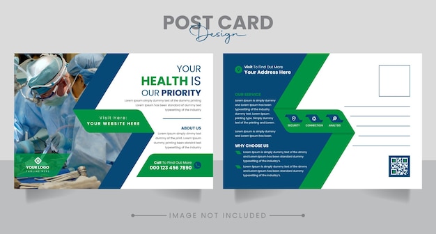 Modern health medical service business postcard design template vector