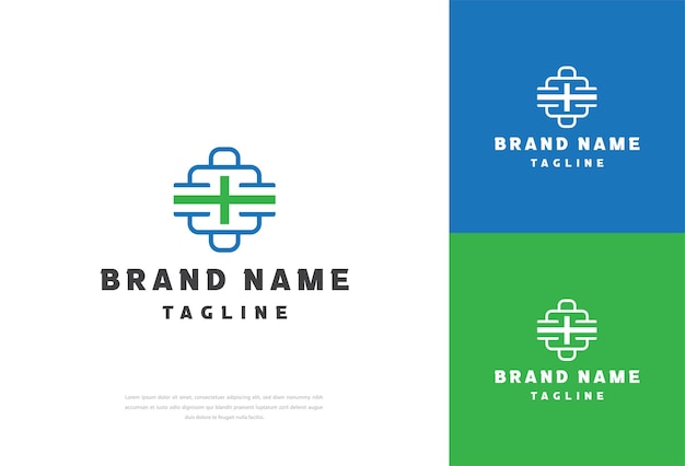 Modern Healthcare Medical Logo Blue and Green Geometric Linear Rounded Cross Sign Health Icon