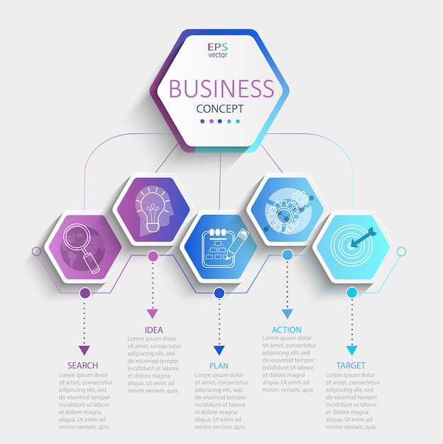 Modern hexagon infographic with business timeline data visualization.diagram with 5 steps,options,parts and processes.template for presentation,workflow layout,banner,flowchart.vector illustration.